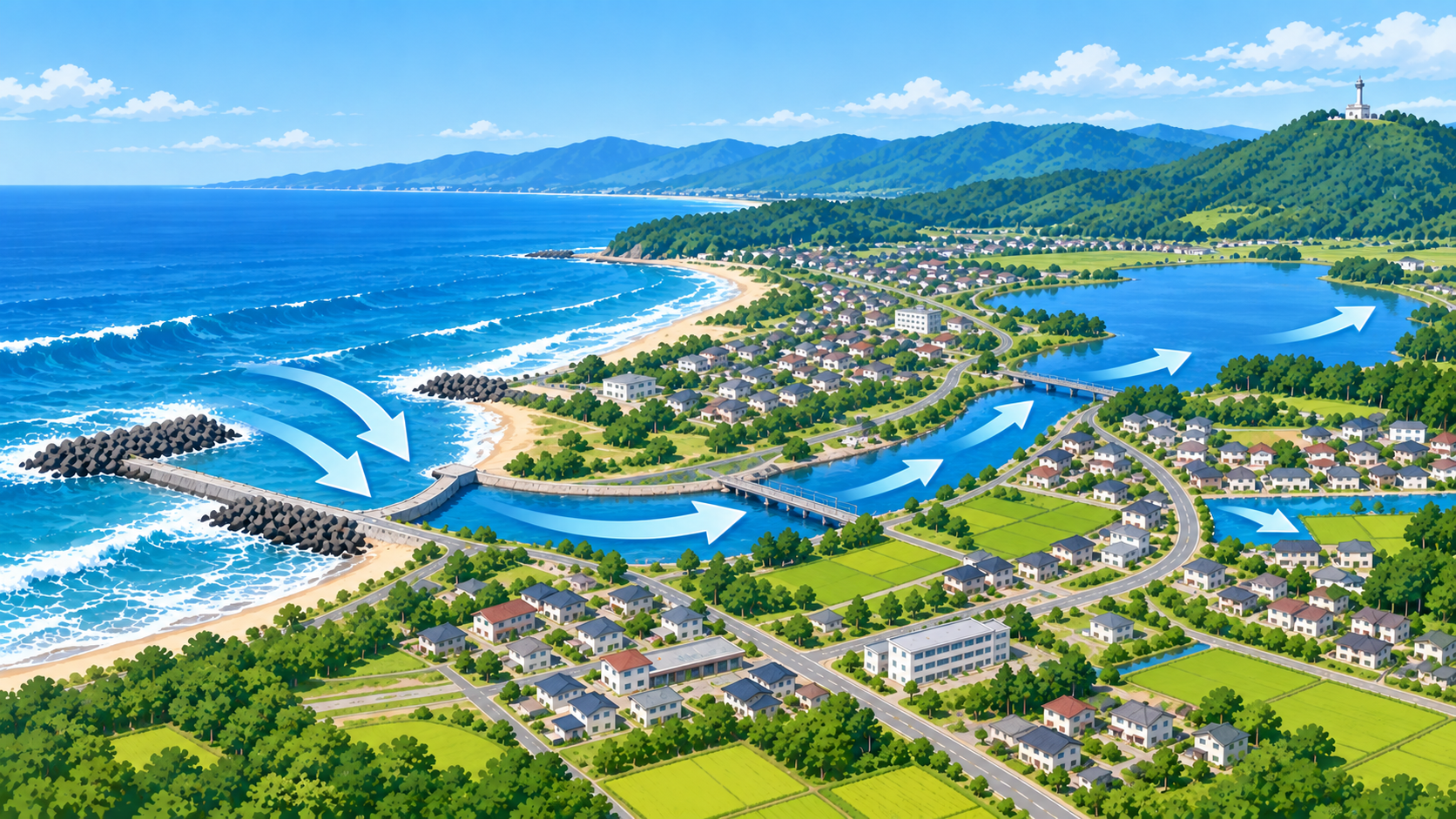 海から河口を通り、川や湖へ津波が入り込む仕組みを表す概念図。