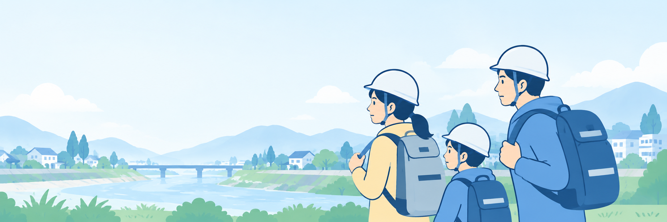 防災ヘルメットとリュックを身につけ、川と山のあるまちを避難する家族のイメージ