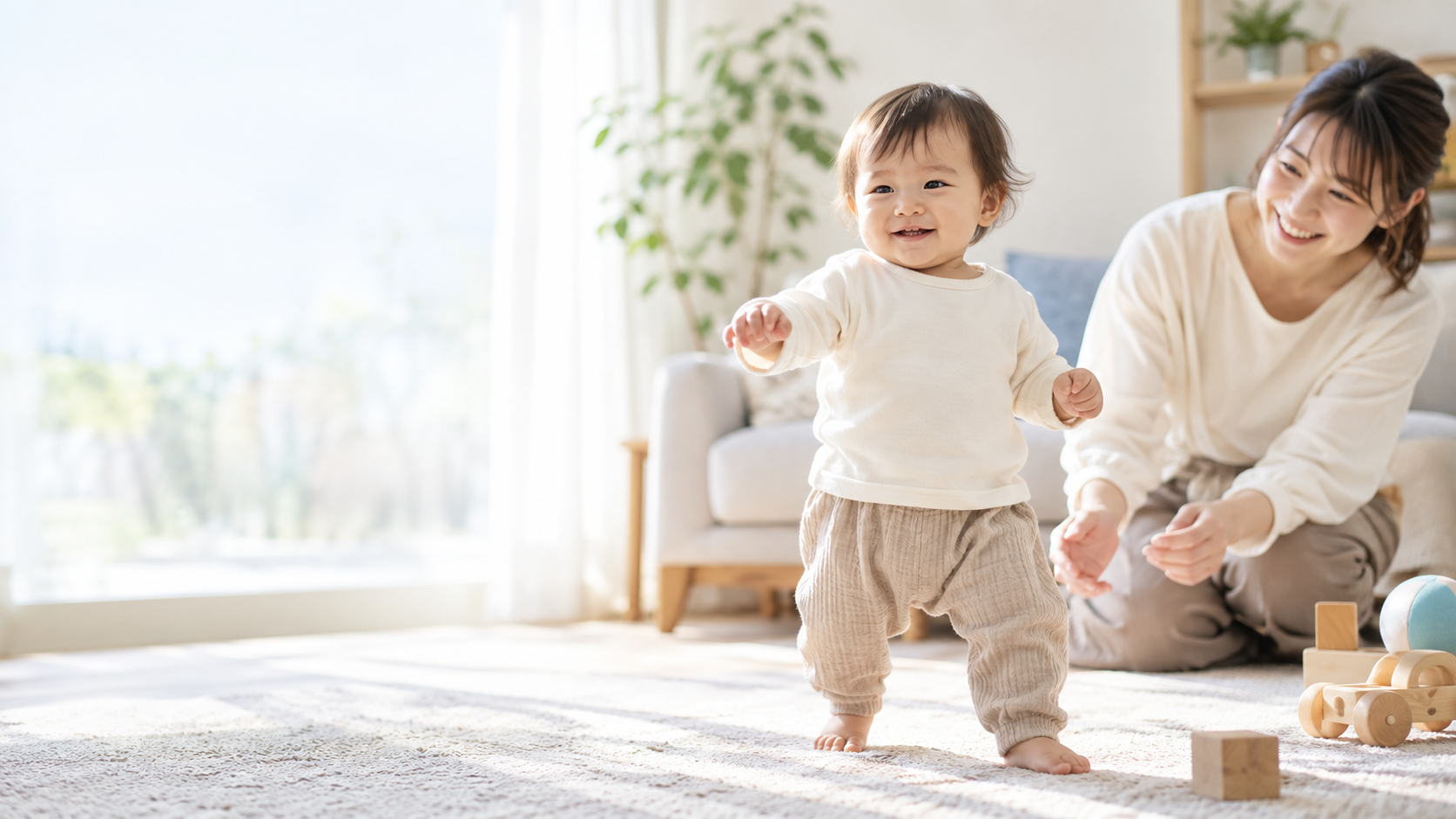 1歳ごろの子どもを見守る保護者のイメージ