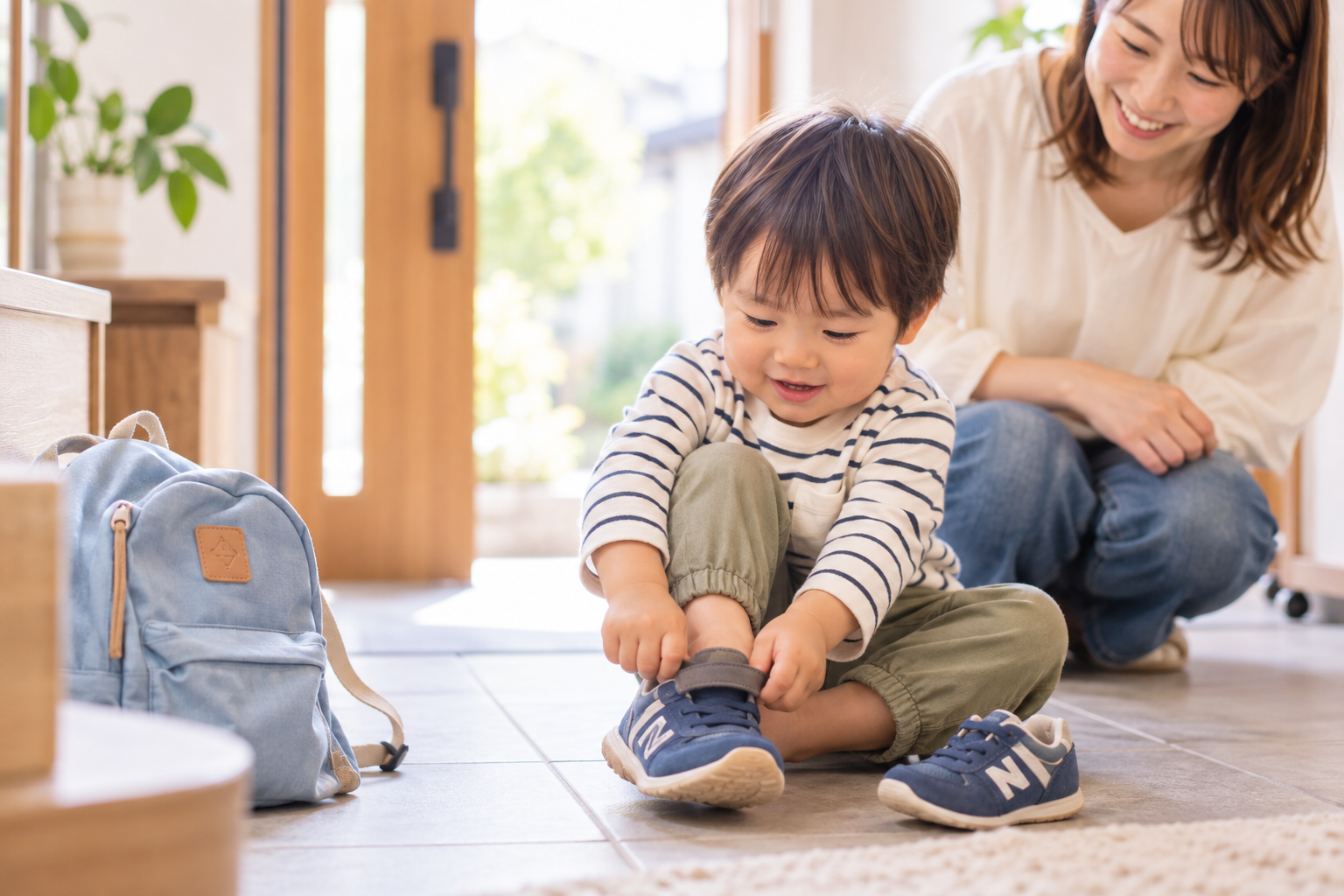 自分でやってみようとする2歳ごろの子どもを見守る保護者のイメージ