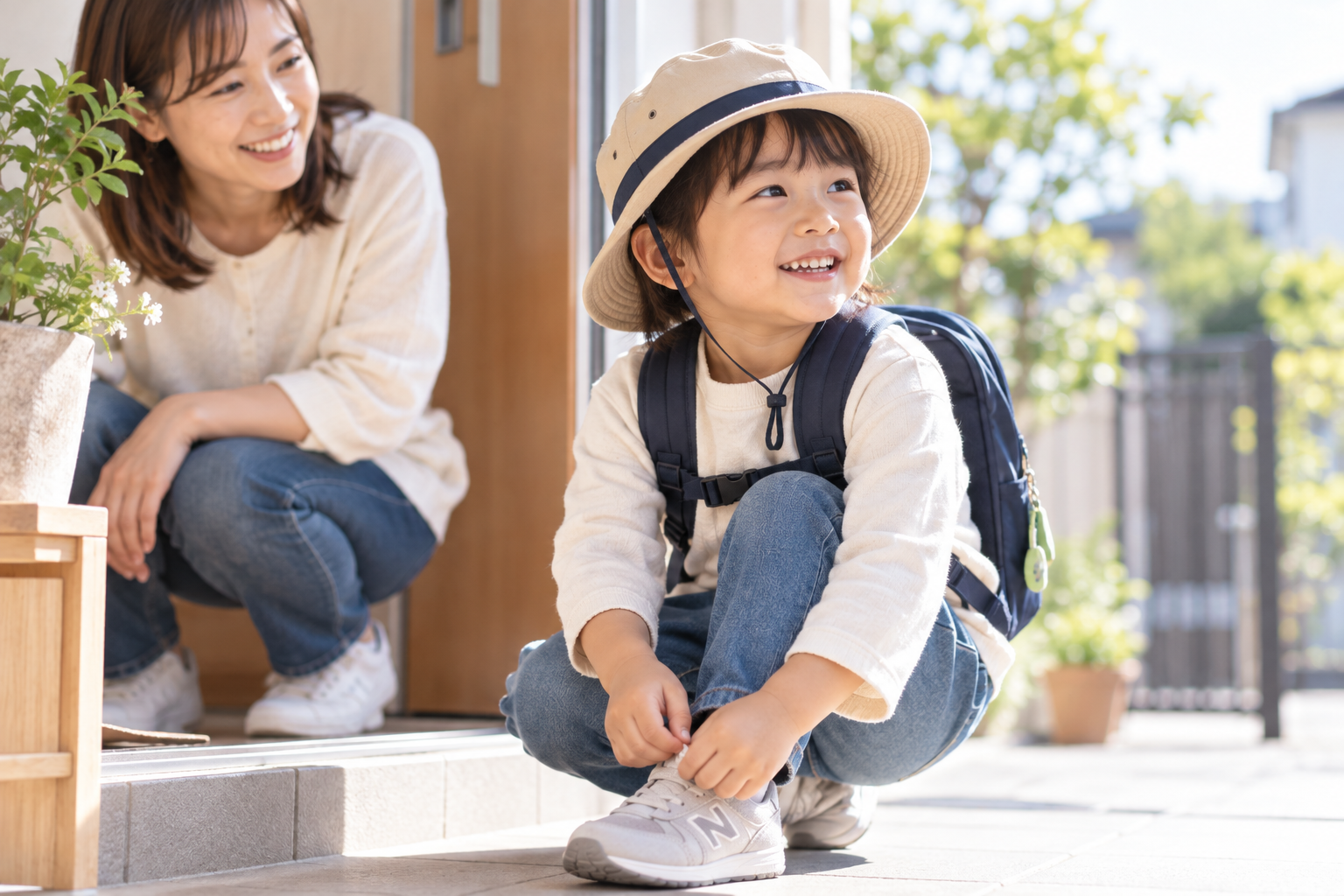 園へ出かける準備をする3〜5歳ごろの子どもを見守る保護者のイメージ