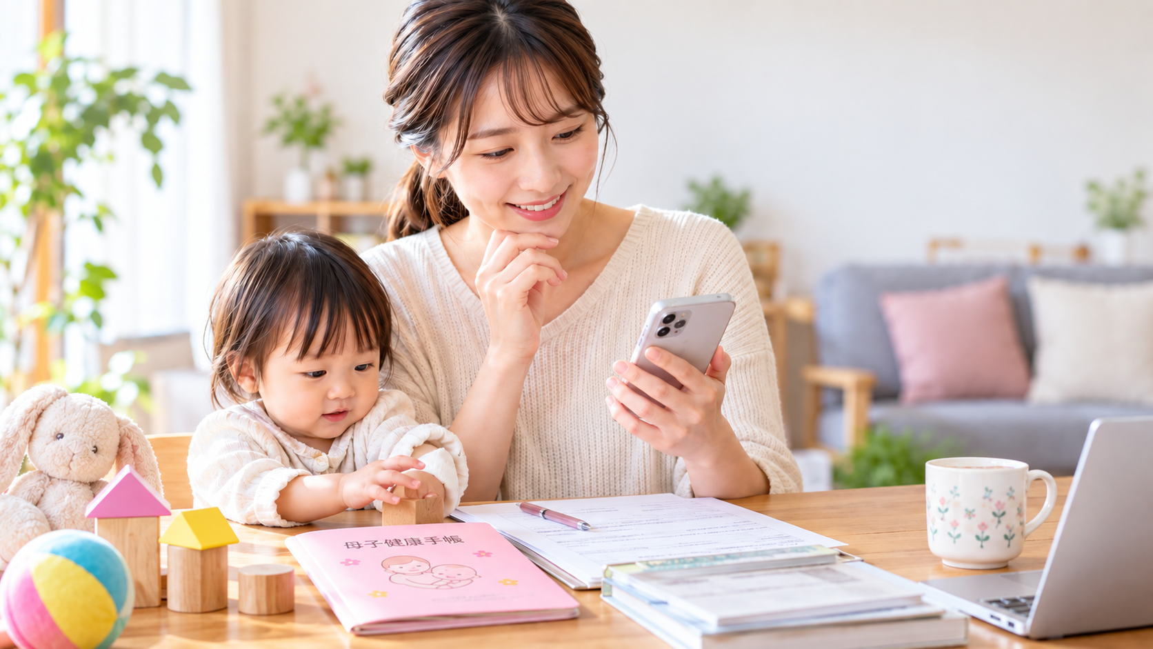 スマートフォンで子育ての手続きと書類を確認する保護者と子どものイメージ
