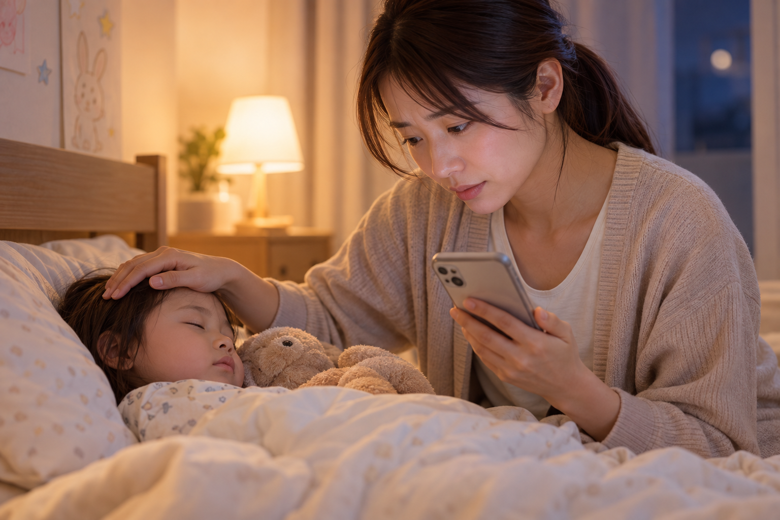 夜、体調が気になる子どものそばでスマートフォンを確認する保護者のイメージ