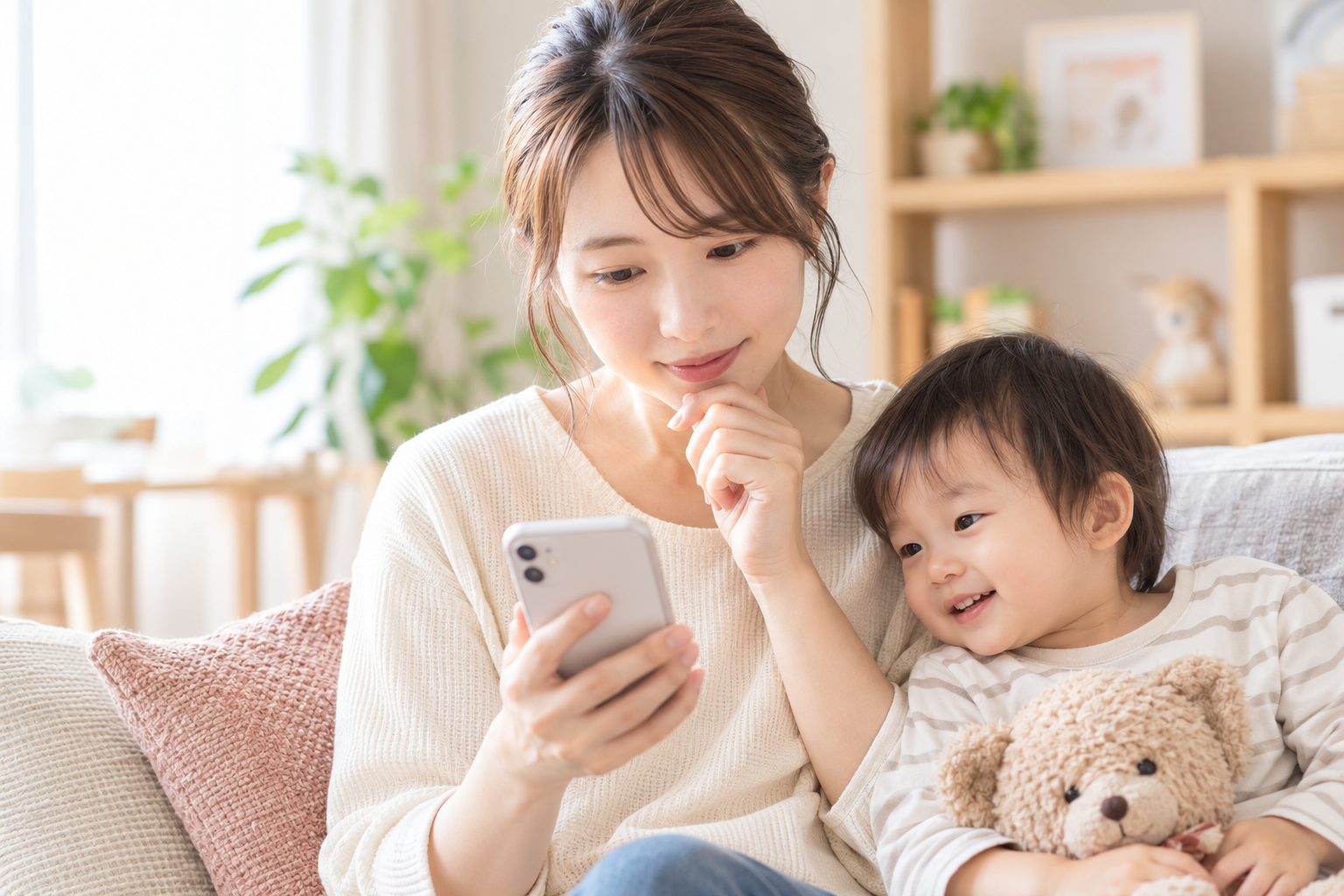 自宅で子どもと一緒にスマートフォンを見る保護者のイメージ