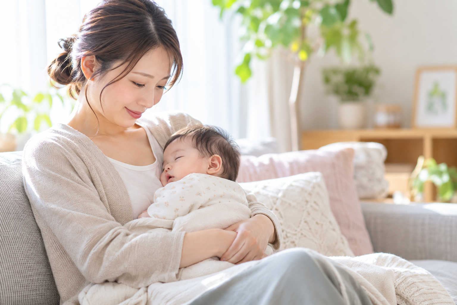 赤ちゃんを抱いて自宅で穏やかに過ごす産後の保護者のイメージ