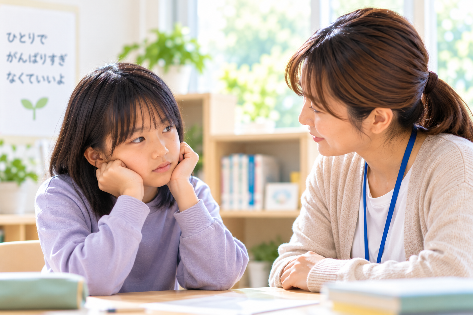 友人関係について困っている子どもが信頼できる大人に相談しているイメージ