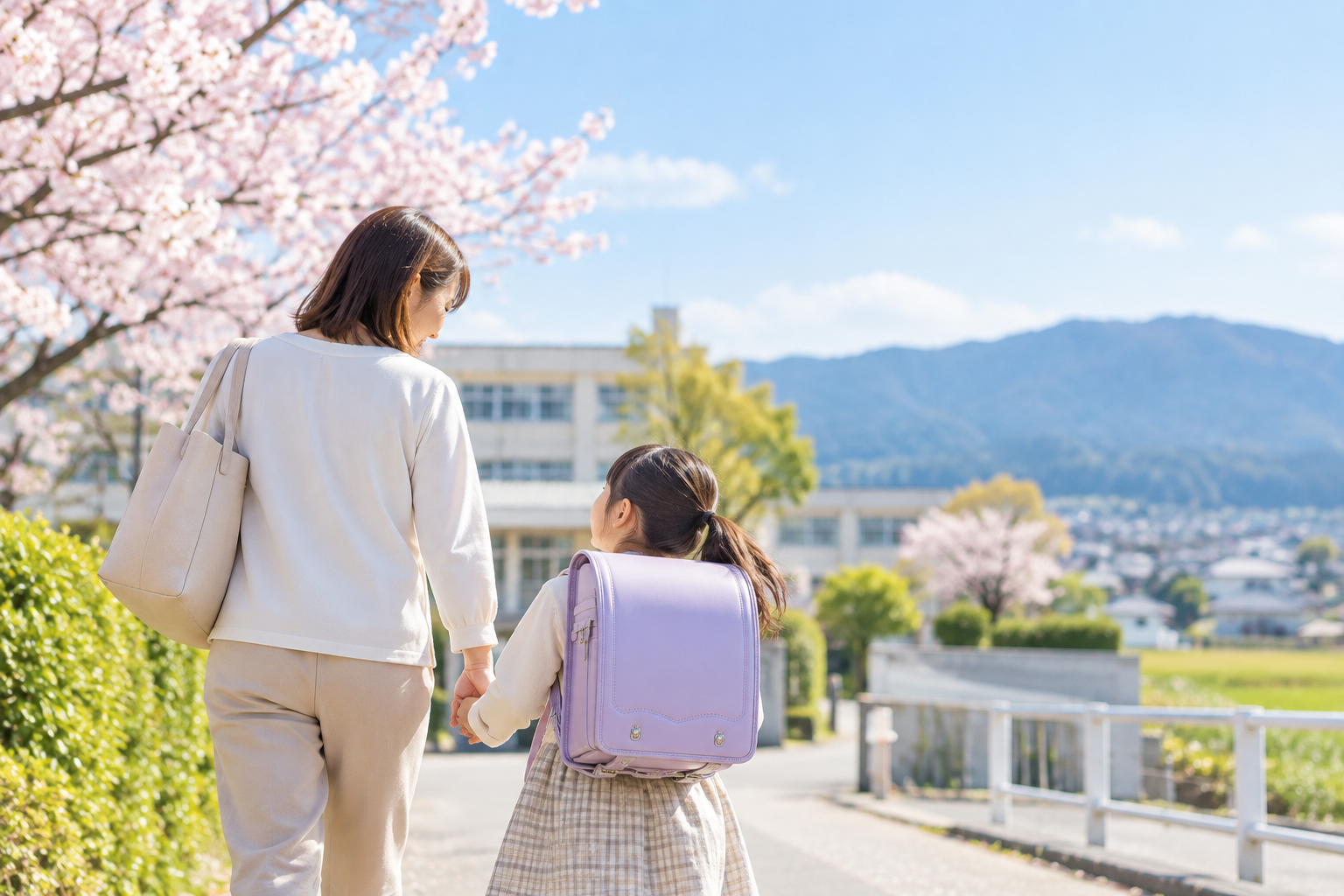 春、小学校へ向かう子どもと保護者のイメージ