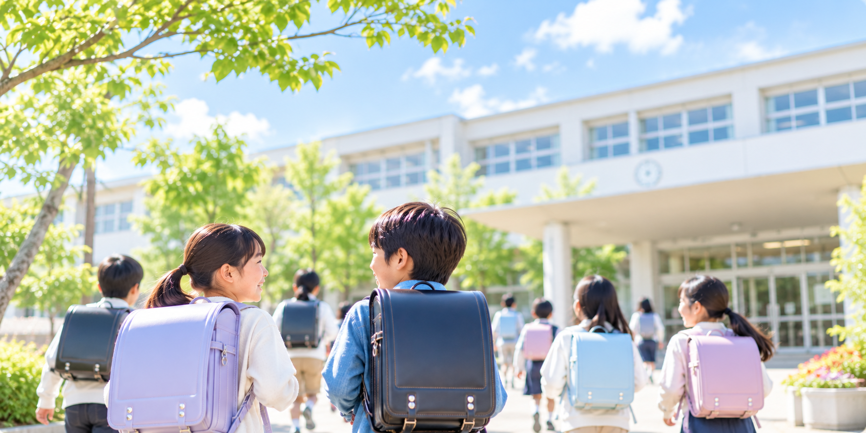 子どもたちが学校へ向かっている明るい学校生活のイメージ
