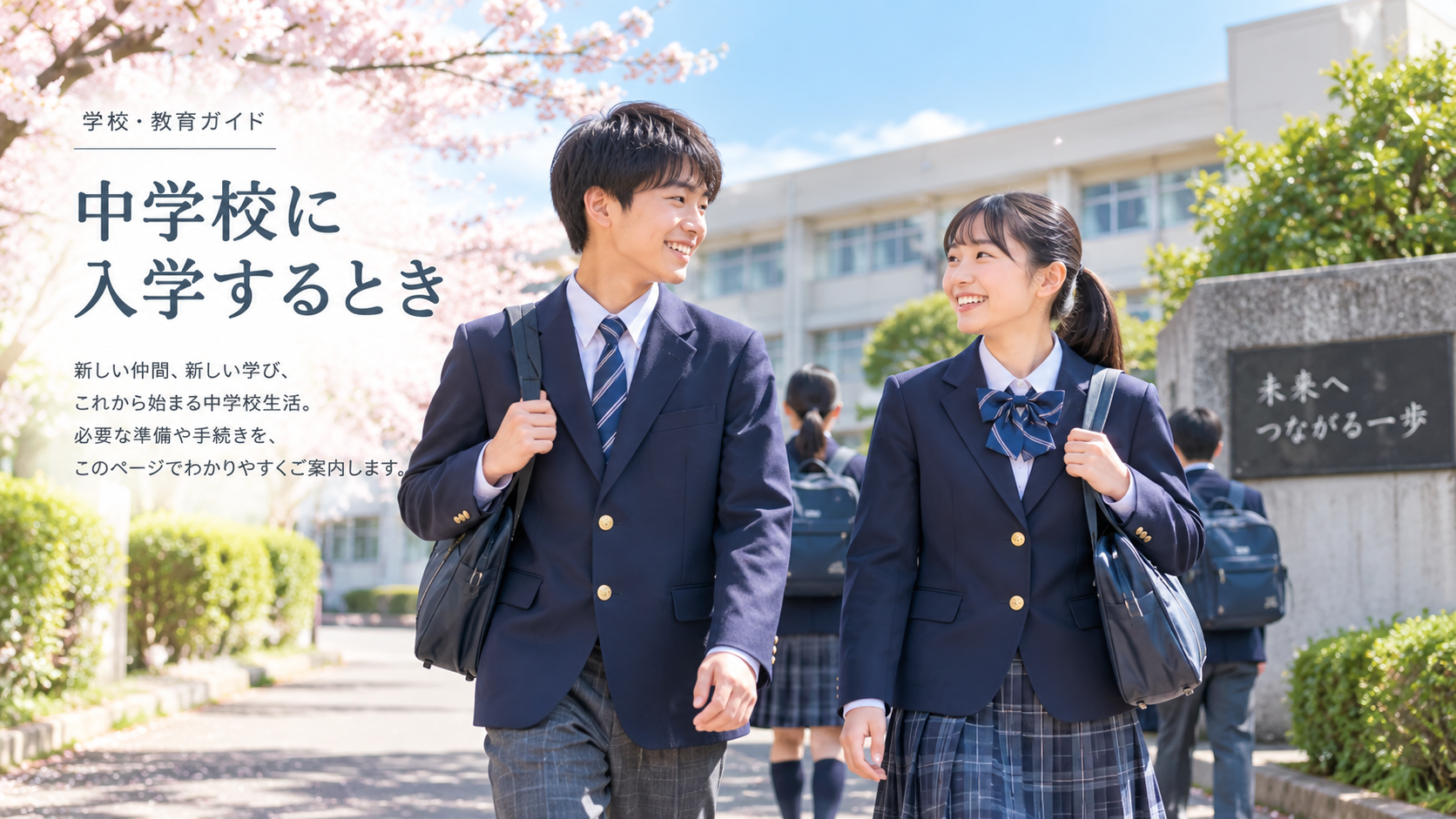 春、中学生が学校へ向かうイメージ