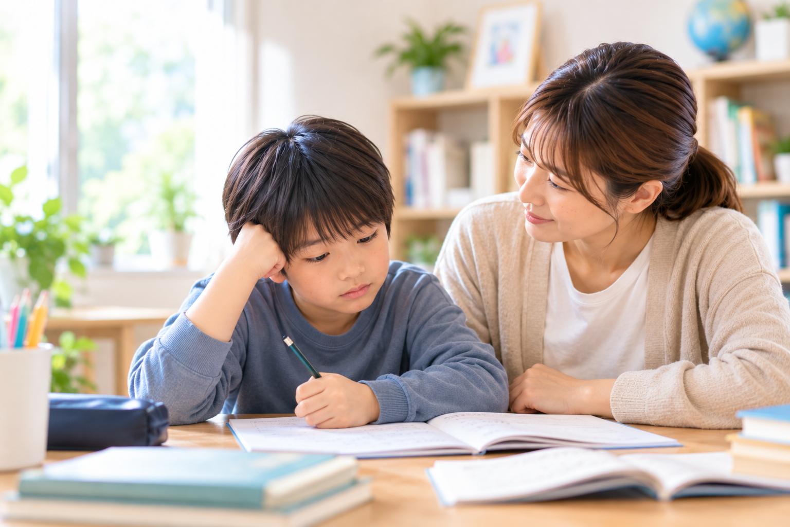 学習について少し困っている子どもを保護者がそばで見守っているイメージ