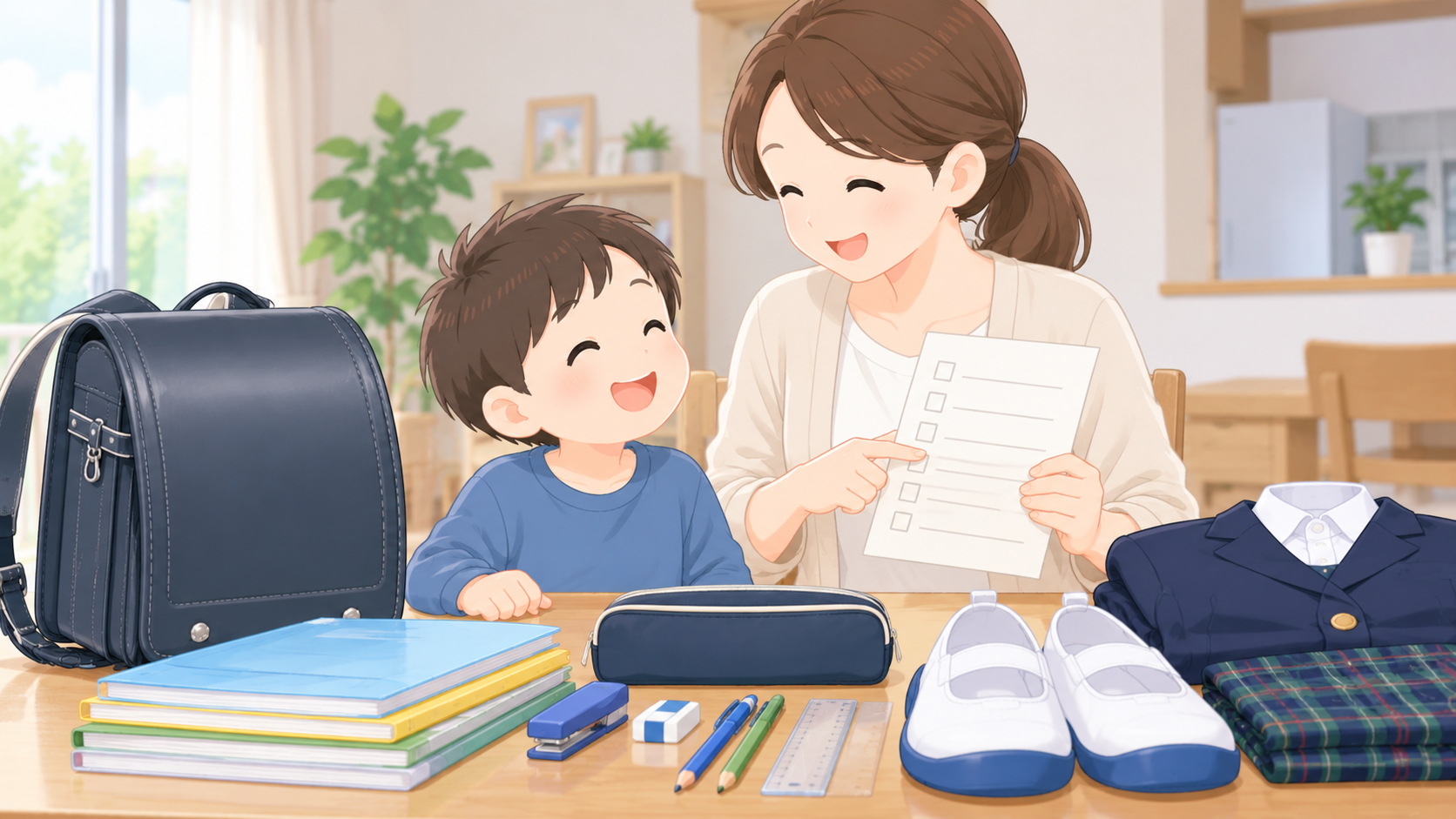 親子で入学用品や学校生活の準備を確認しているイメージ