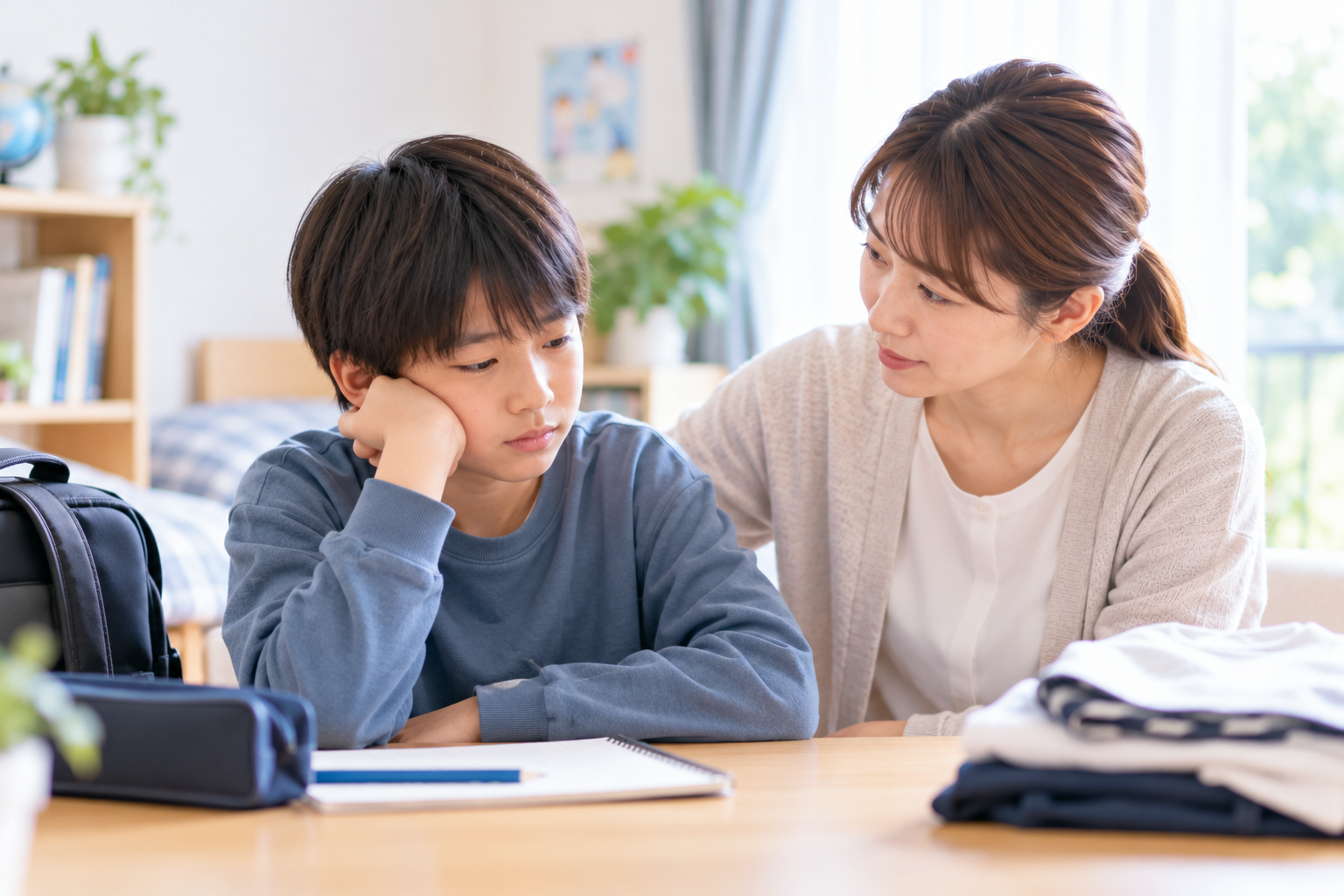 学校へ行くことに少し不安を感じている子どもを保護者が見守っているイメージ