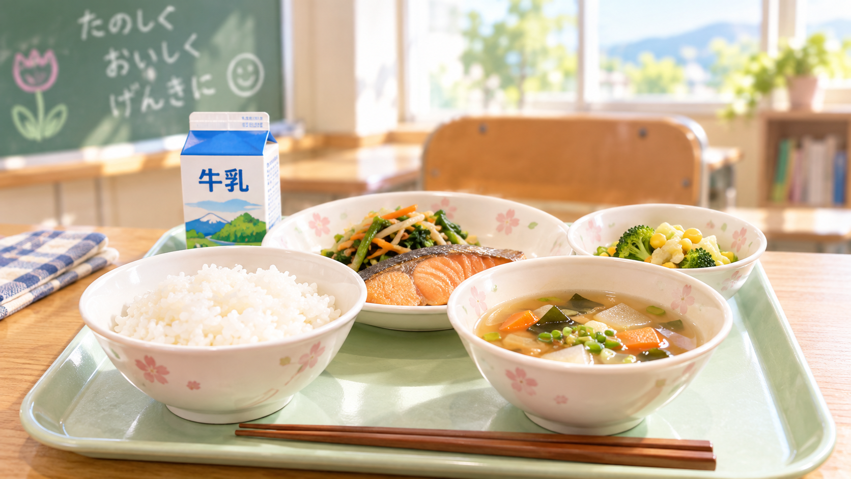 ごはん、汁物、主菜、副菜、牛乳が並んだ学校給食のイメージ