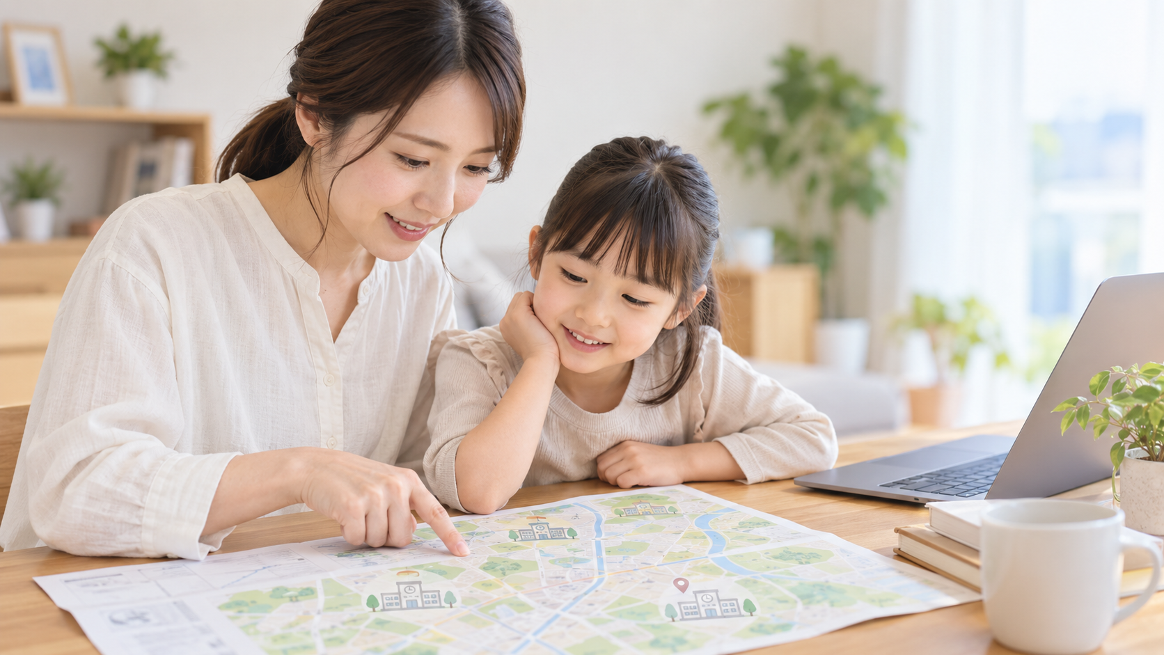 親子で地図を見ながら通う学校を確認しているイメージ