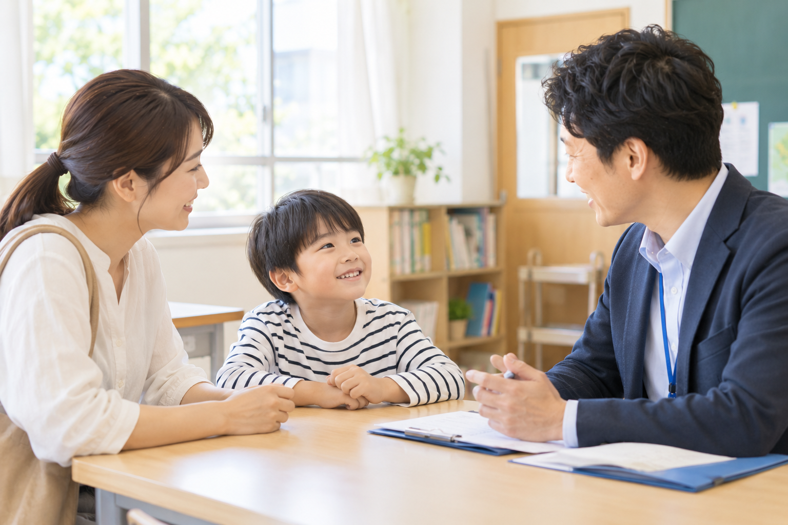 子どもと保護者、先生が学校生活について一緒に話しているイメージ