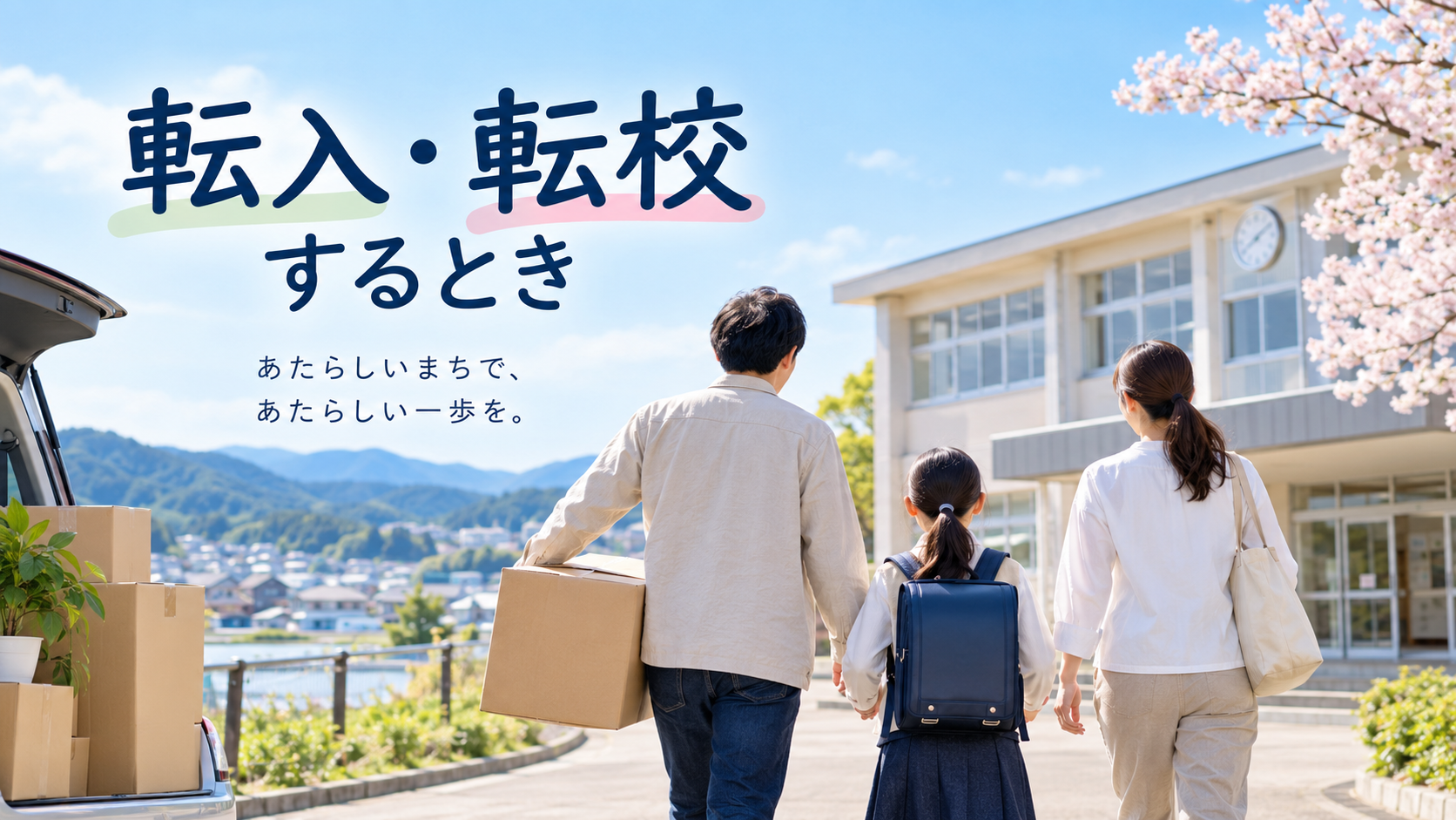 引っ越しに伴い新しい学校へ向かう家族のイメージ