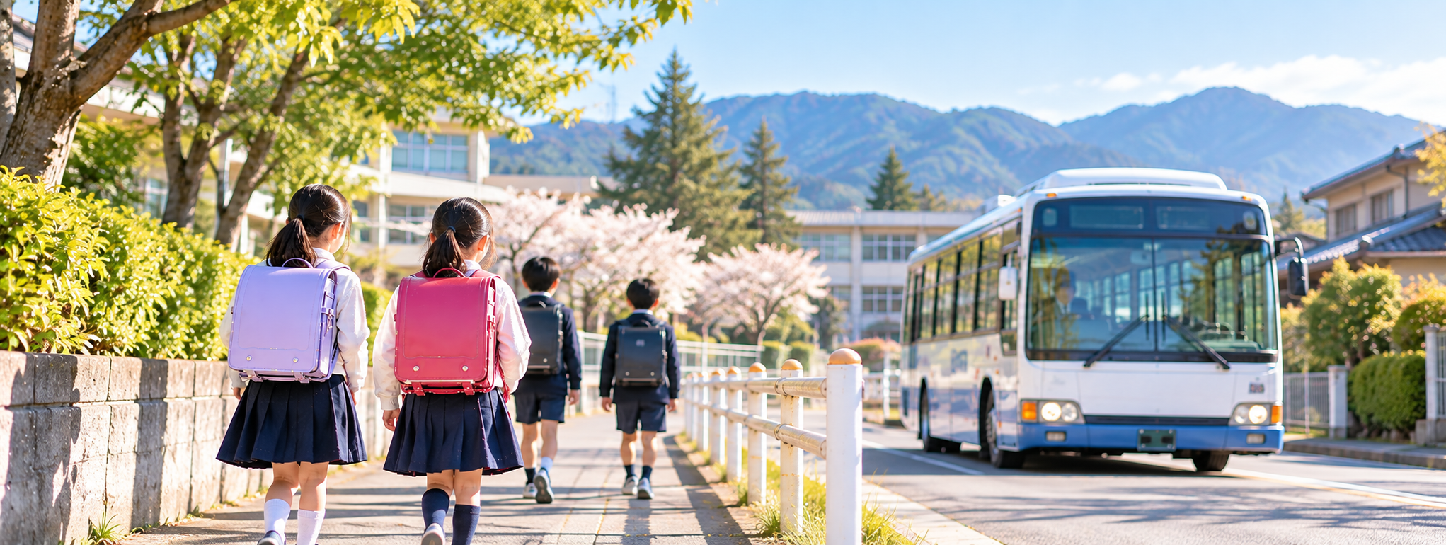子どもたちが学校へ向かう通学路とスクールバスのイメージ