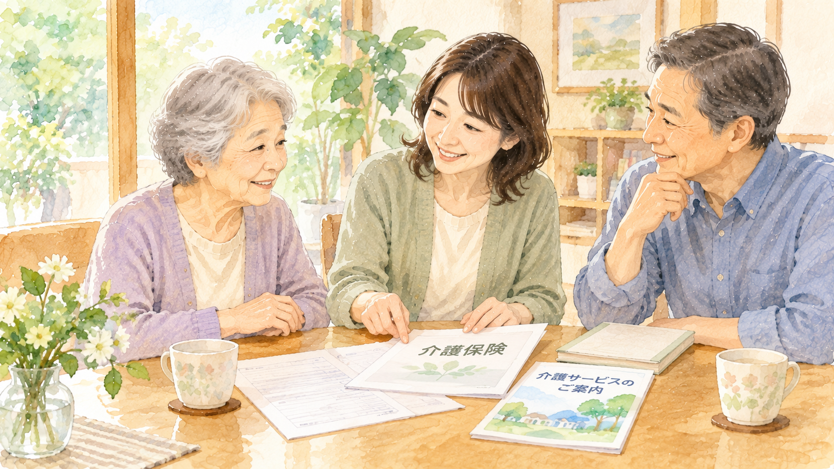 高齢者と家族が介護保険の申請について書類を確認しながら話している水彩イラスト