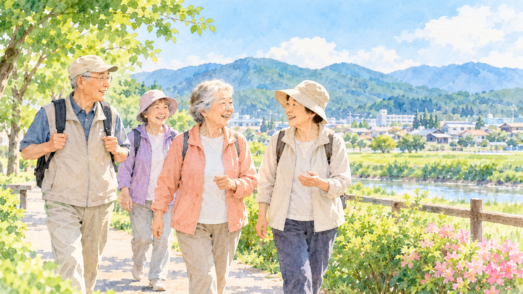 緑豊かな地域で散歩や会話を楽しむ高齢者たちのイラスト