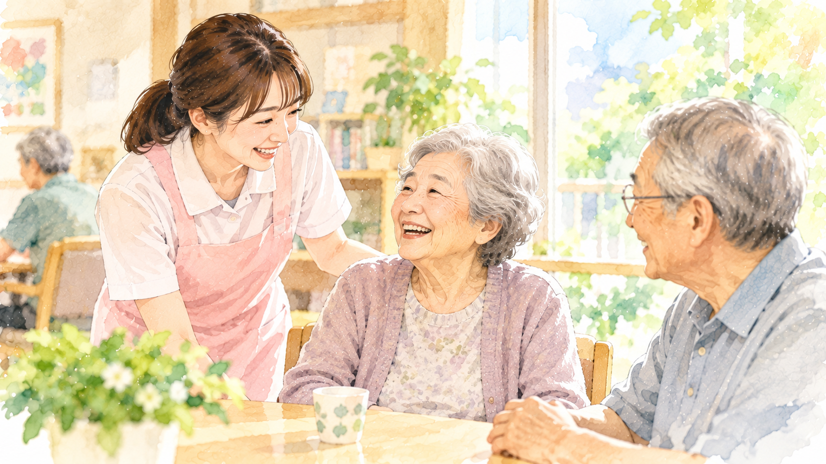高齢者が介護スタッフや家族と明るい室内で穏やかに過ごしている水彩イラスト