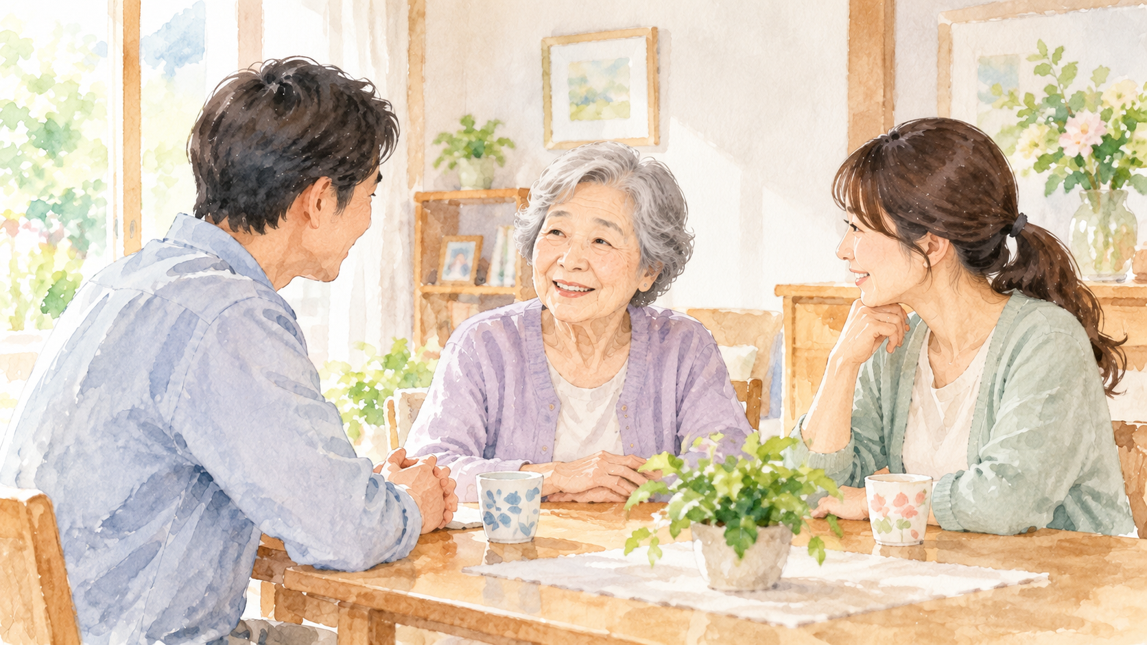 高齢の母親と成人した家族が自宅で穏やかに話している水彩イラスト