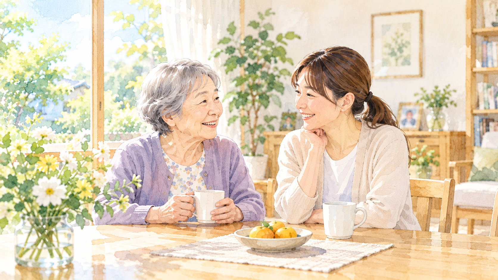 明るい部屋で高齢の女性と家族が穏やかに会話しているイラスト