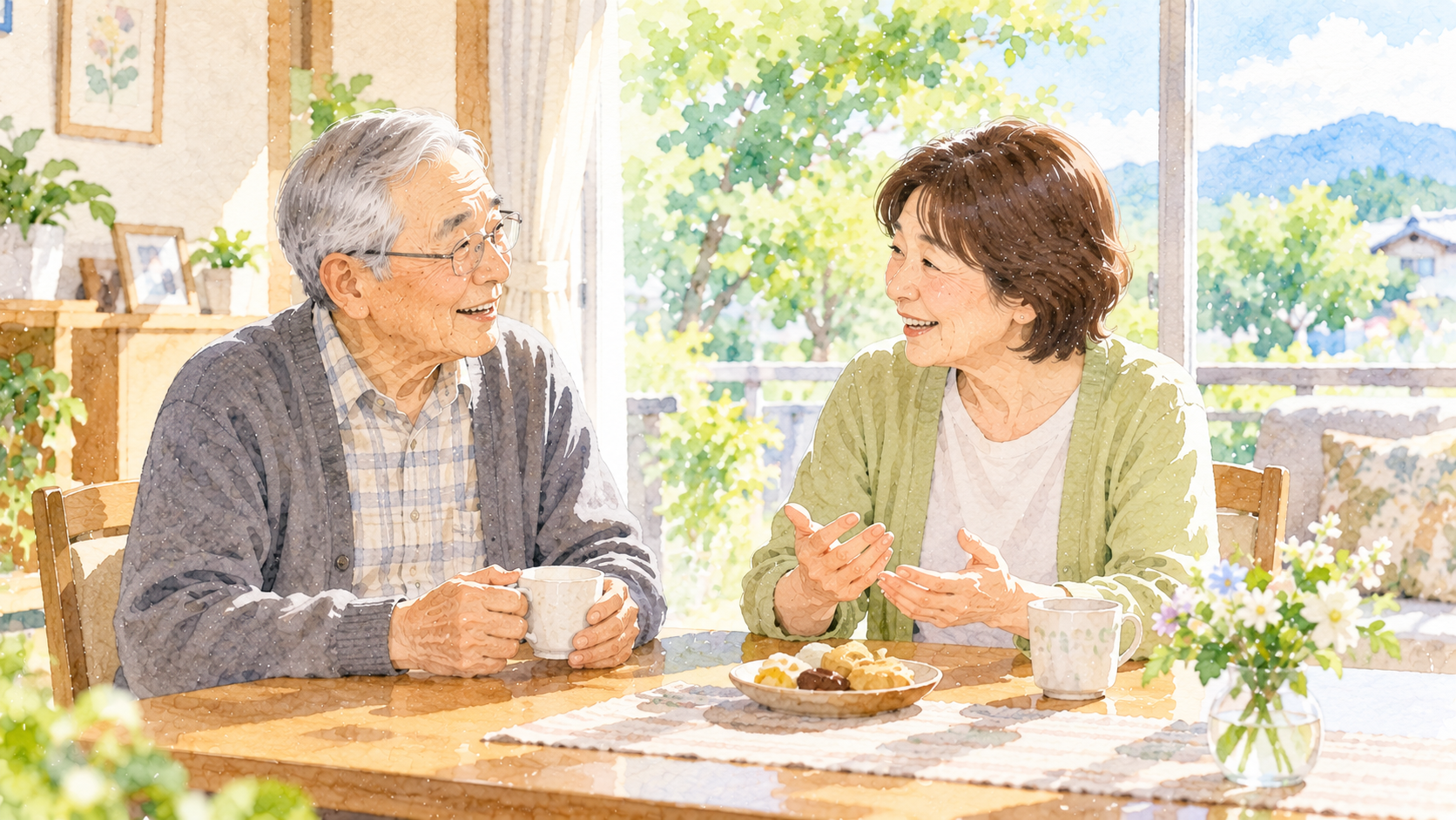 高齢の父親と家族が明るい自宅で穏やかに会話しているイラスト