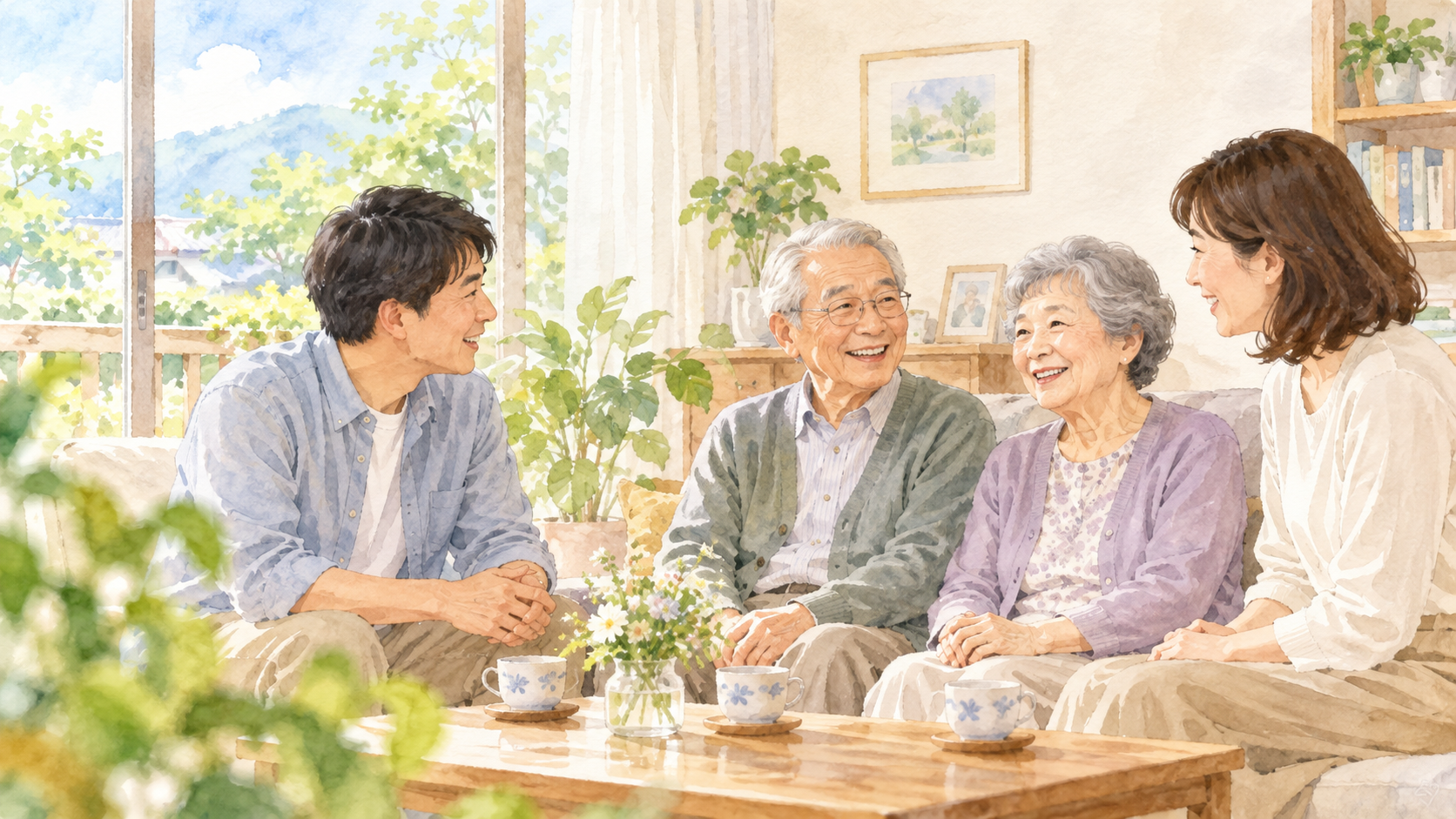 高齢者夫婦と家族が明るいリビングで談笑している水彩イラスト
