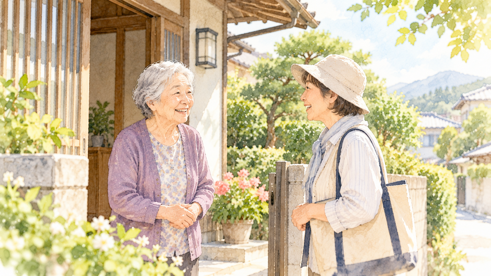 住み慣れた自宅の前で近所の人と穏やかに会話する高齢者のイラスト