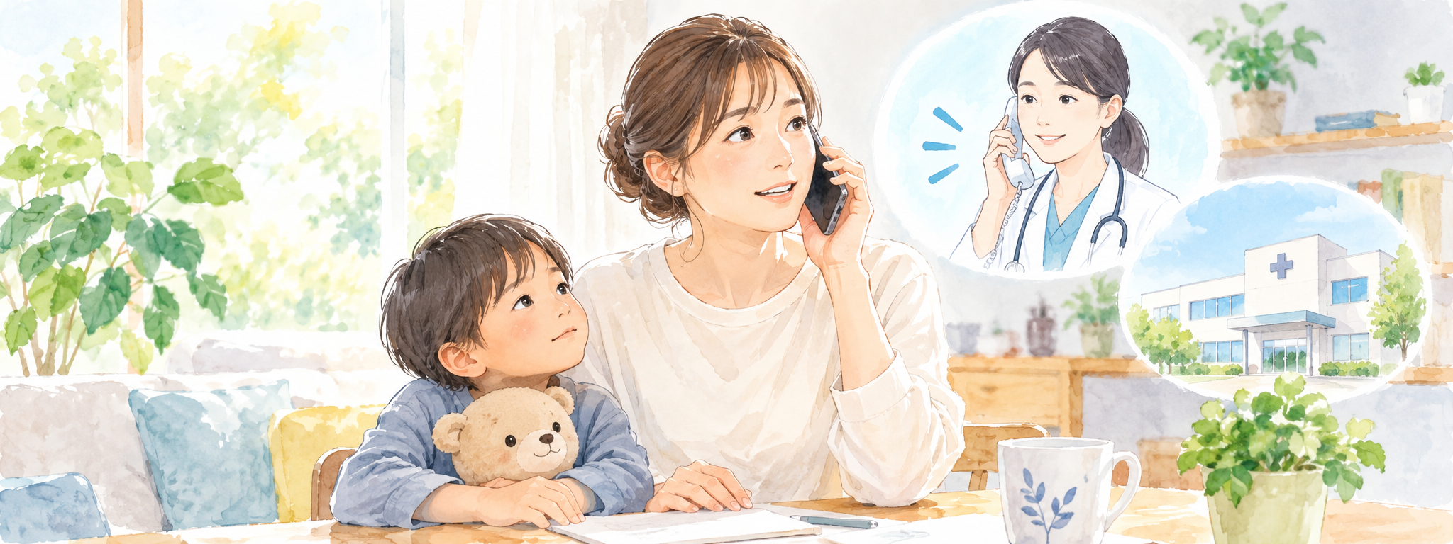 家庭で子どもを見守りながら医療相談の電話をする保護者を描いた水彩イラスト
