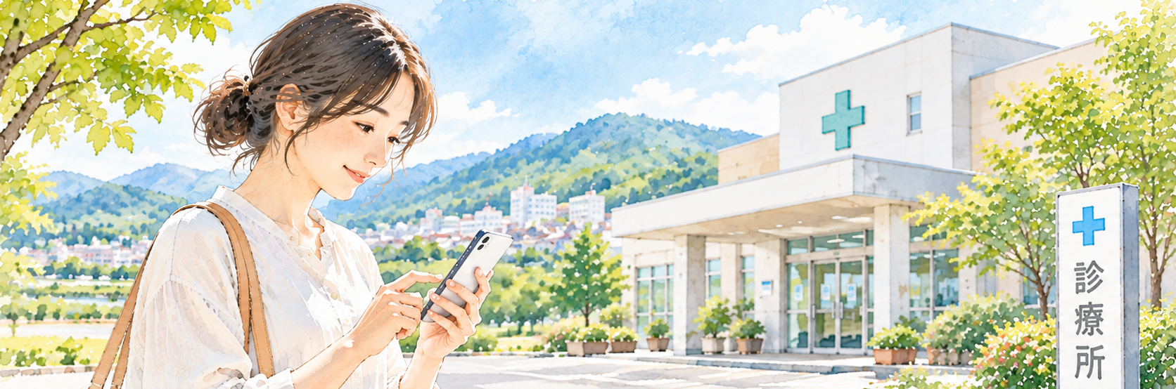 スマートフォンで医療機関を探している女性と、地域の診療所を描いた水彩イラスト