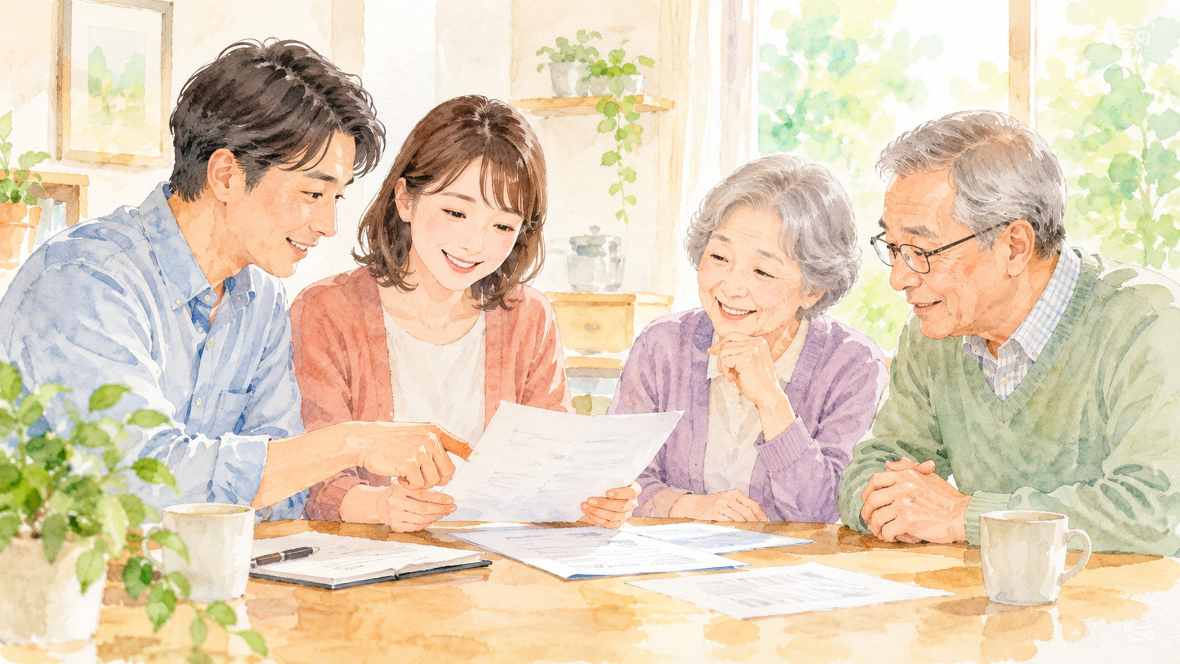 家族で健康と暮らしについて確認する水彩イラスト