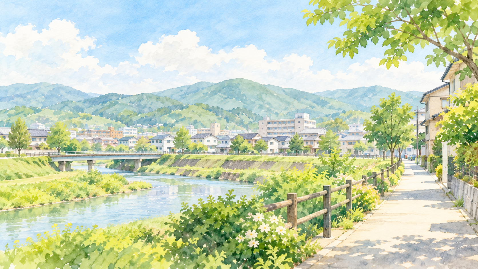 緑のある川沿いの街並みと住宅を描いた、穏やかな水彩イラスト