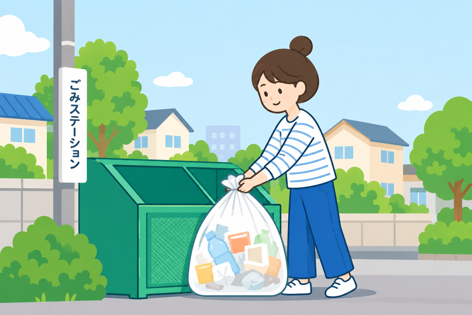 ごみステーションに家庭ごみを出す様子のイラスト