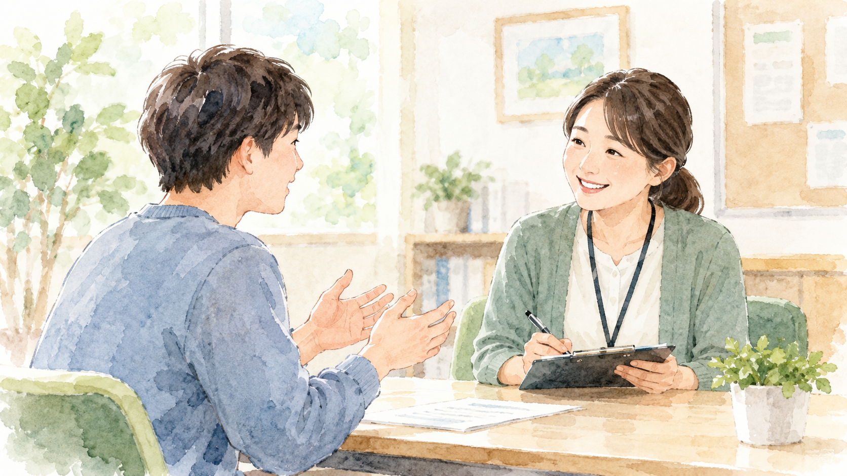 本人が相談員に自分の考えを伝え、相談員が話を聞いている水彩イラスト