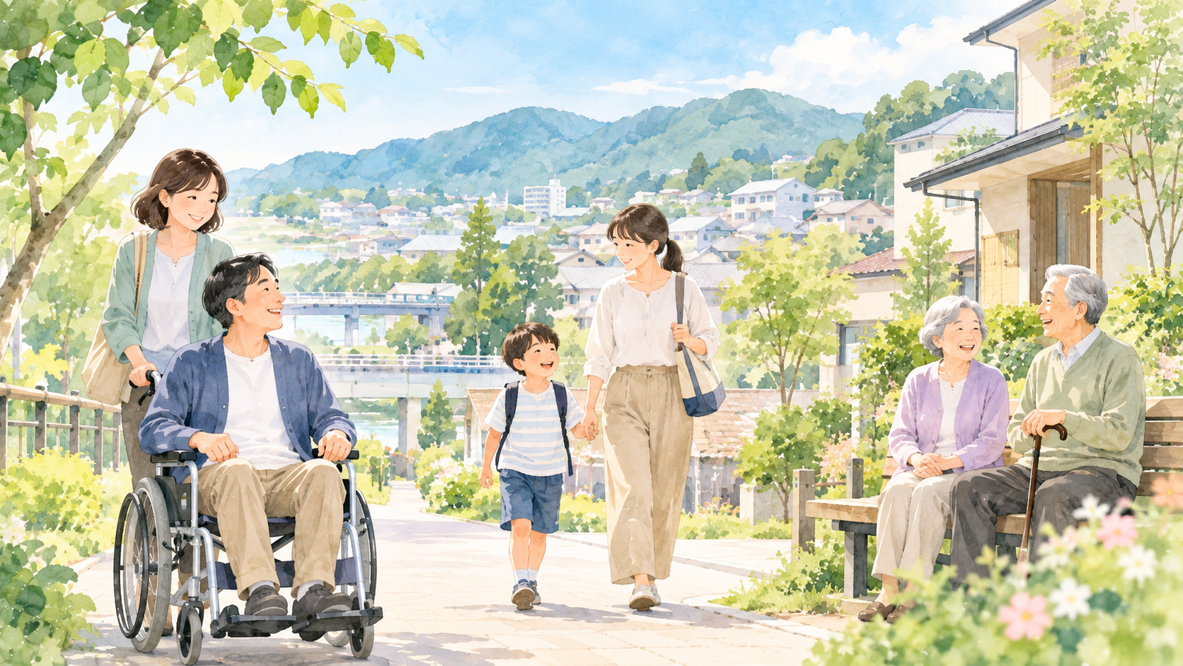 緑のある街並みの中で、車いすを利用する人や家族、高齢者などが穏やかに過ごしている水彩イラスト