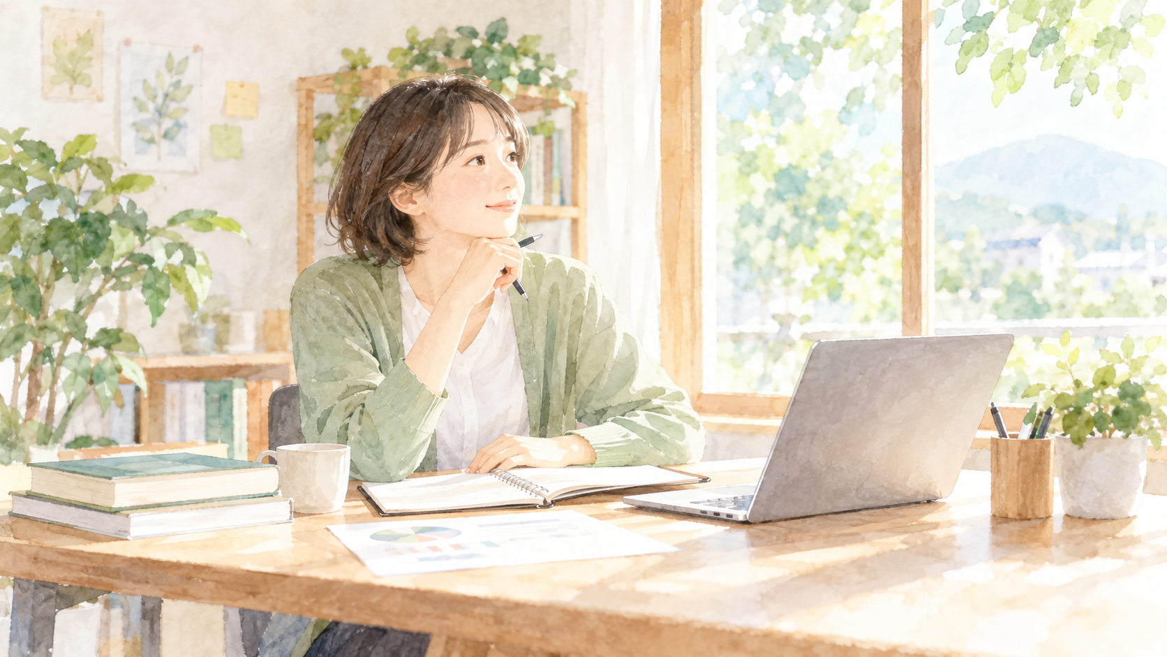 明るい室内で、これからの仕事や働き方について考えている人の水彩イラスト