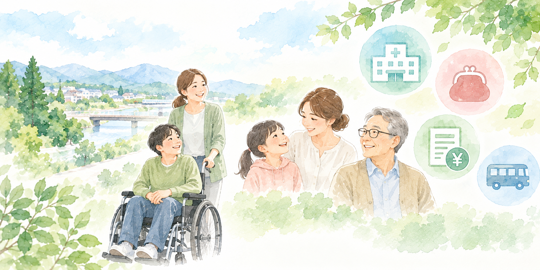 地域で暮らす人々と、医療費や生活を支える制度を表した水彩イラスト