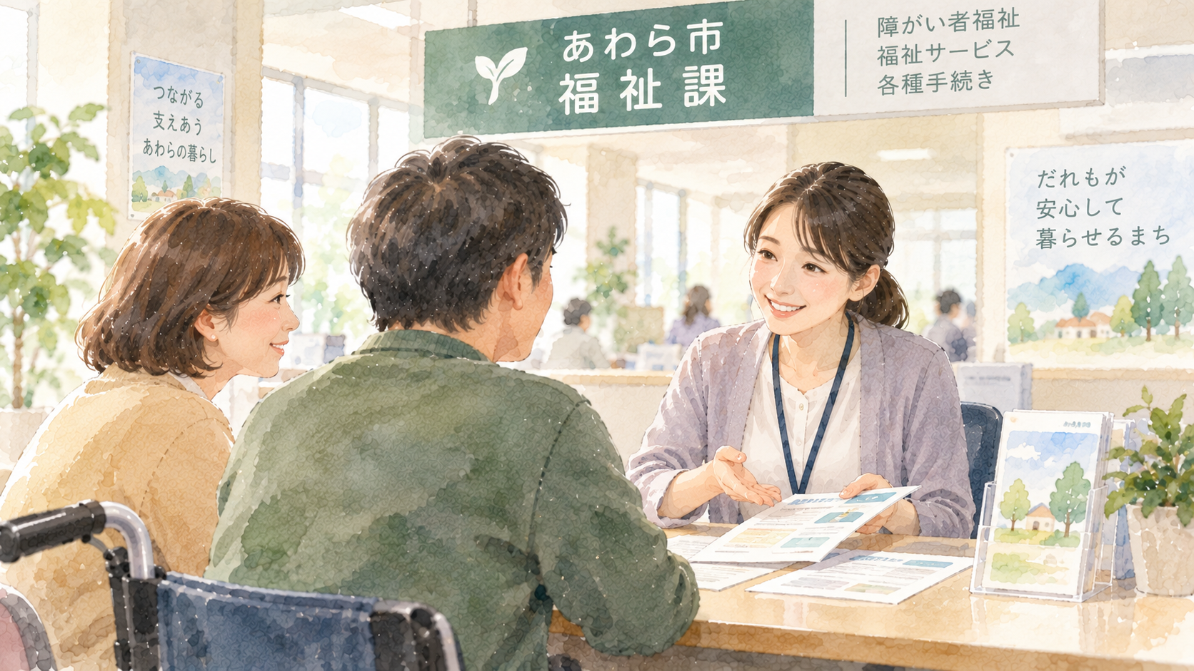 障がい者手帳の申請について窓口で相談する人の水彩イラスト