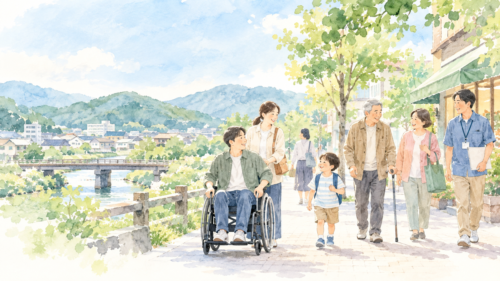 川沿いの街並みで、車いすを利用する人や子ども、高齢者などが自然に交流する水彩イラスト