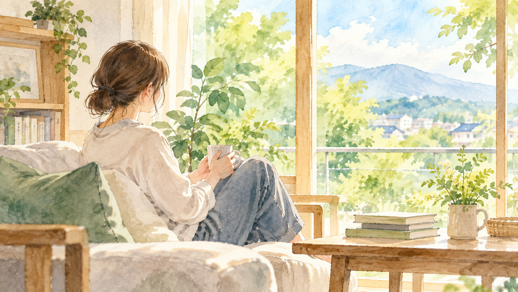 自然光が差し込む室内で、窓の外を眺めながら穏やかに過ごす人の水彩イラスト