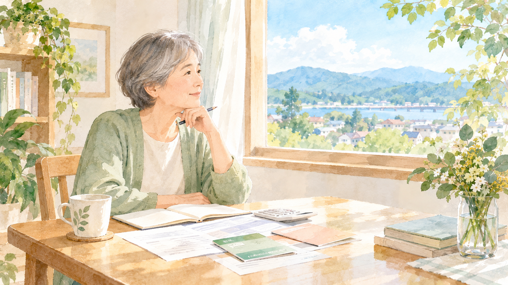 自然光の差し込む部屋で、暮らしや将来について穏やかに考える女性の水彩イラスト