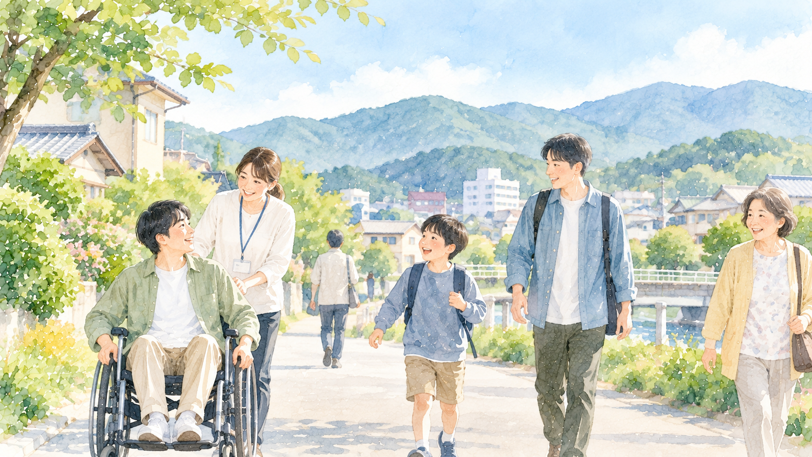 障がいのある人もない人も、地域の中で自然に暮らす様子を描いた水彩イラスト