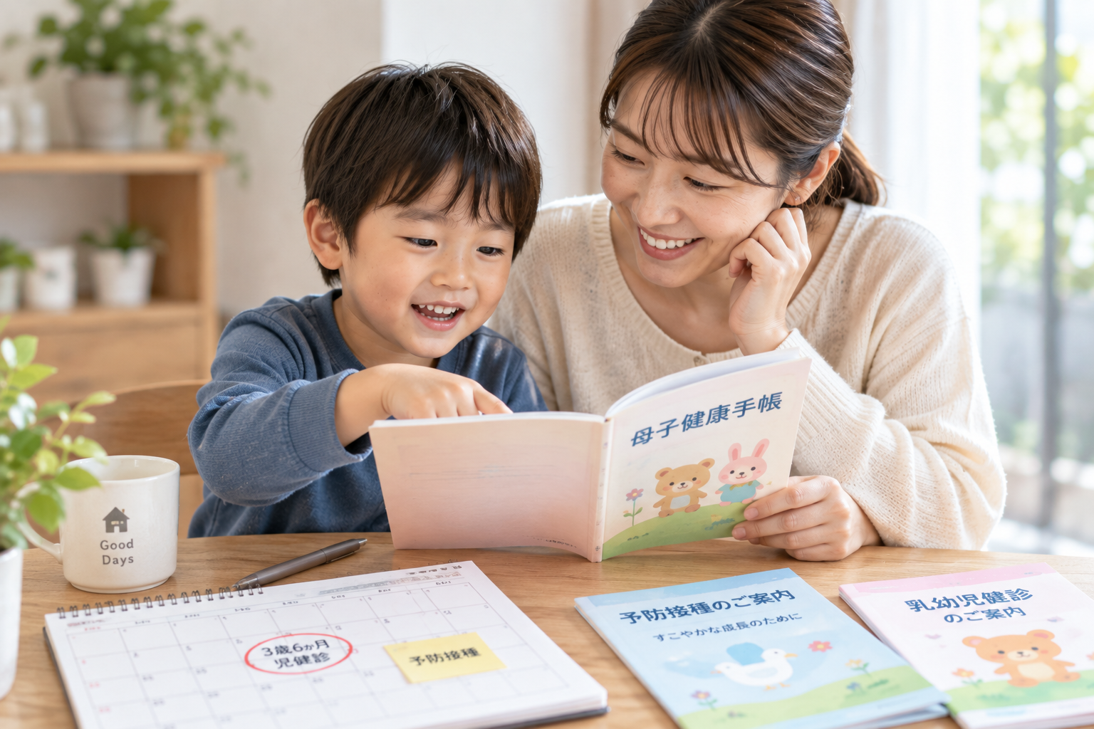 健診や予防接種の予定を確認する親子のイメージ
