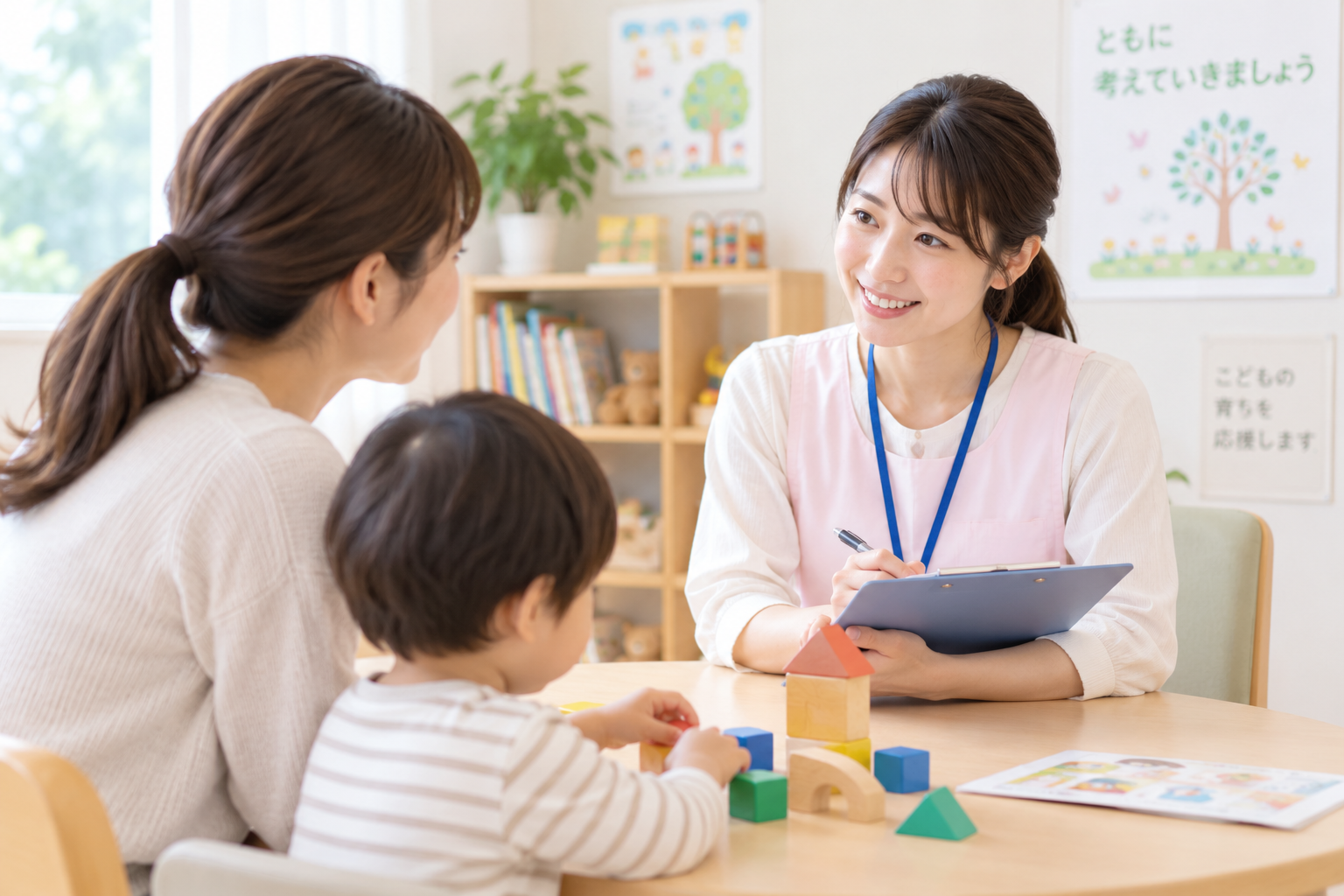 子どもの発達やことばについて専門職に相談する保護者のイメージ