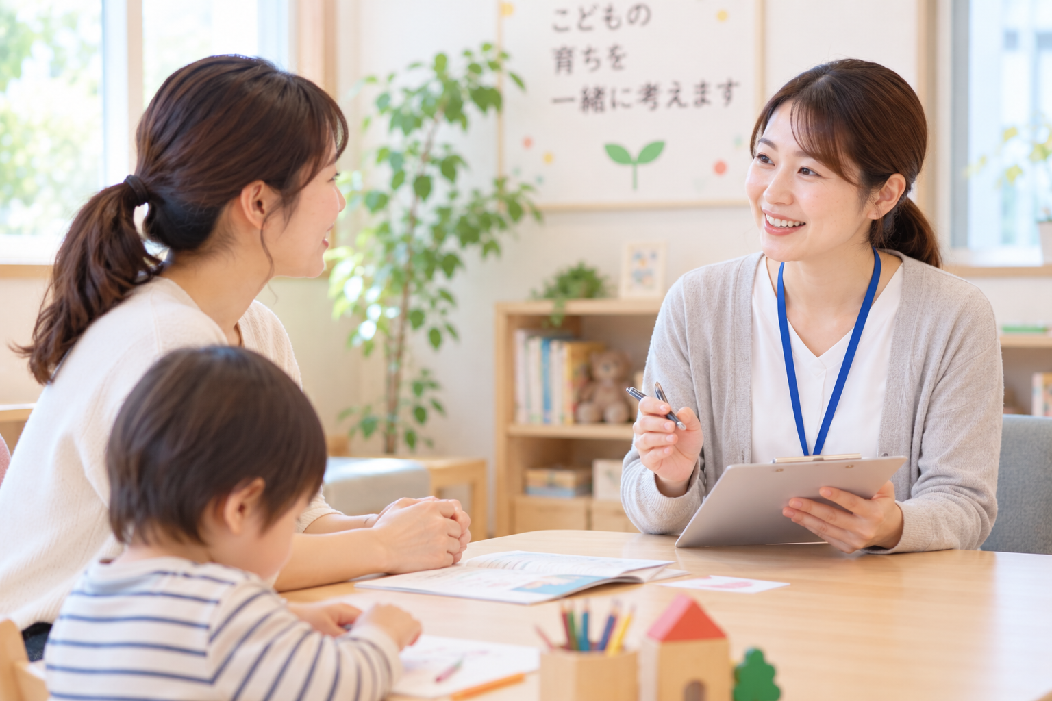 子どもの育ちについて相談員と話す保護者のイメージ