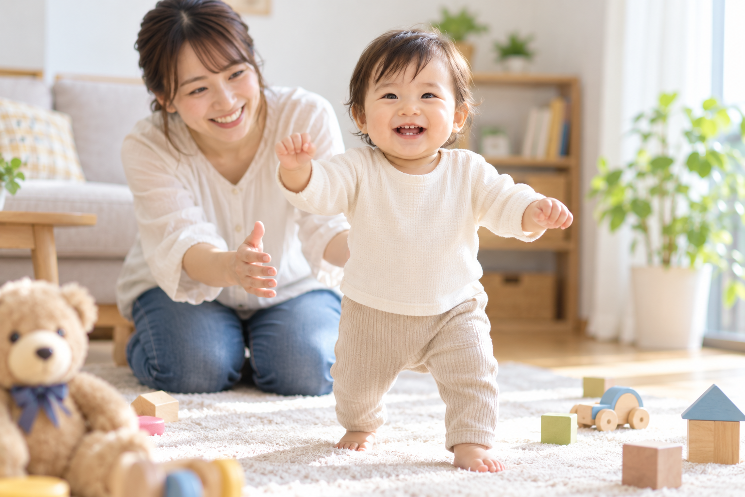 歩き始めた1歳ごろの子どもと保護者のイメージ