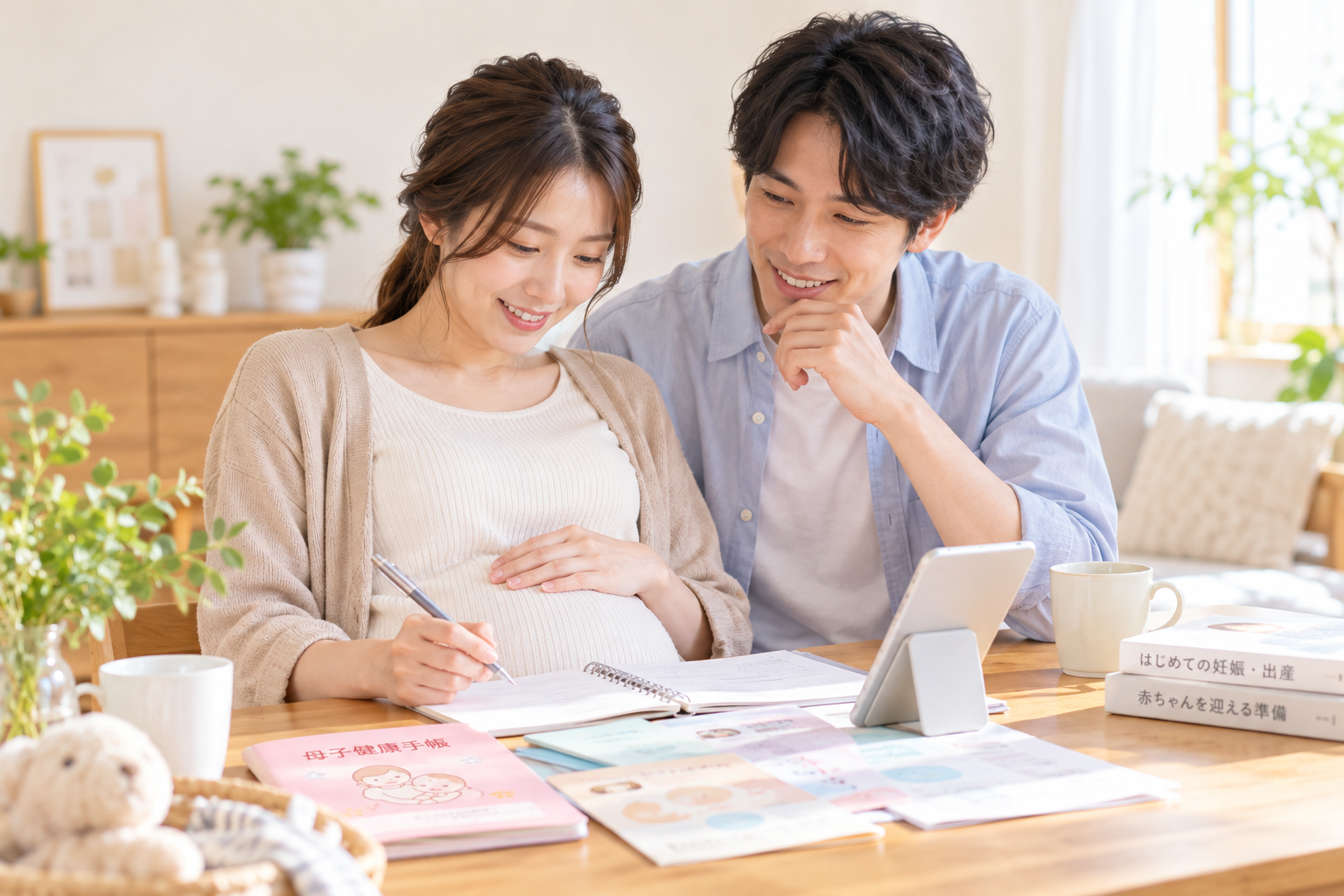 妊娠中に必要な手続きや書類を一緒に確認する夫婦のイメージ