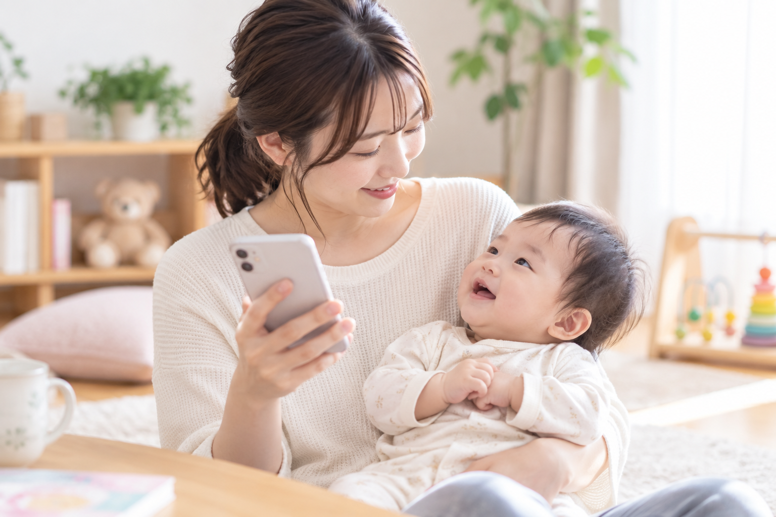 子どもの様子を見ながらスマートフォンで相談先を確認する保護者のイメージ