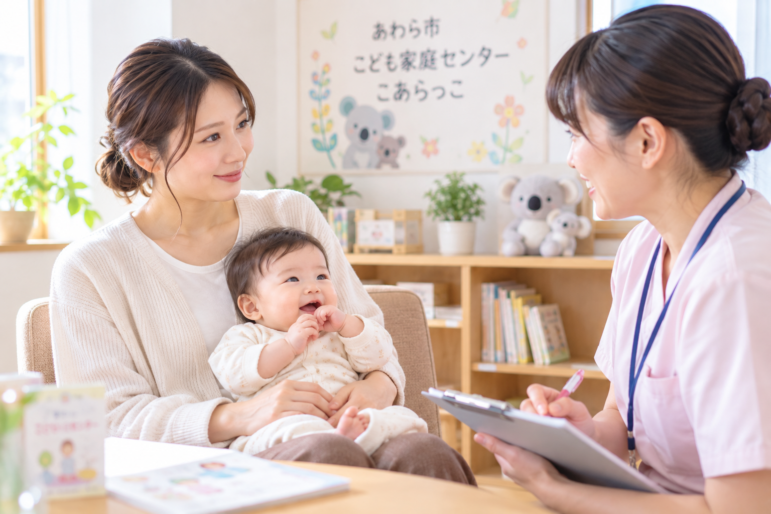 赤ちゃんを抱く保護者が支援者に相談しているイメージ